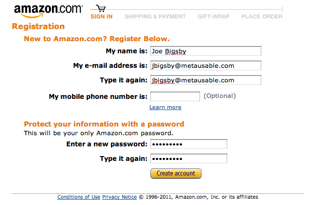amazon registration screen